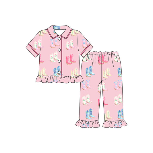 ( Moq 5 ) Preorder Girls Kids Short Sleeves Boots Buttons Shirt Pants Pink Pajamas Clothes Set