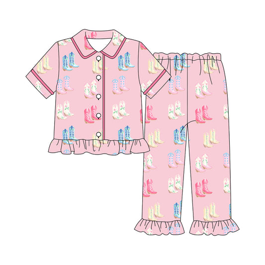 ( Moq 5 ) Preorder Adult Woman Short Sleeves Boots Buttons Shirt Pants Pink Pajamas Clothes Set