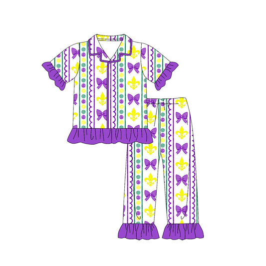 ( Moq 5 ) Girls Kids Anchors Bows Buttons Shirt Pants Mardi Gras Pajamas Clothes Set
