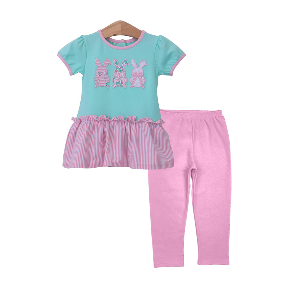 ( Moq 5 ) Preorder Girls Kids Short Sleeves Rabbits Bows Tunic Pink Pants Easter Set