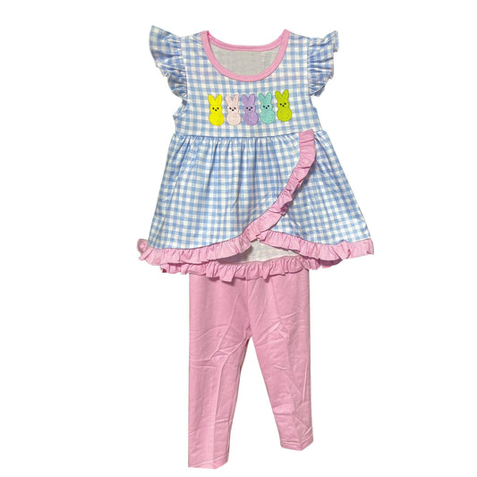 ( Moq 5 ) Preorder Girls Kids Rabbits Blue Plaid Ruffle Tunic Pink Pants Easter Set