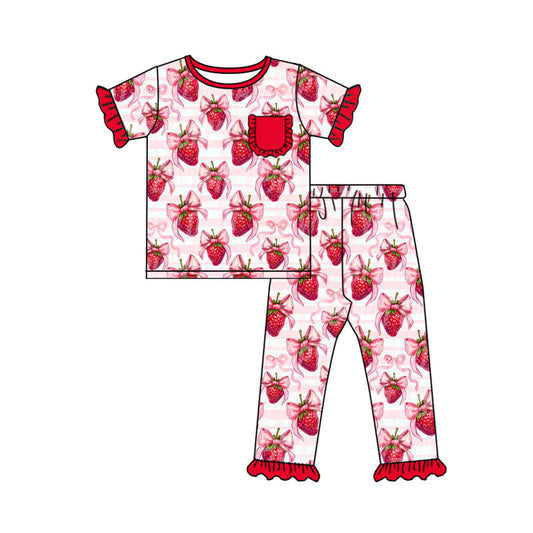 ( Moq 5 ) Preorder Girls Kids Strawberry Bows Shirt Pants Valentine's Day Pajamas Clothes Set