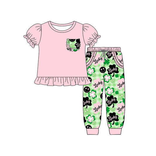 ( Moq 5 ) Preorder Girls Kids Short Sleeves Pink Shirt Pockets Smile Pants St. Patrick's Day Clothes Set