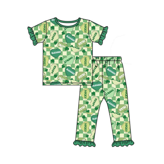 ( Moq 5 ) Preorder Girls Kids Short Sleeves Hearts Plaid Shirt Pants St. Patrick's Day Green Set Pajamas