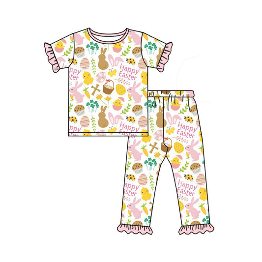 ( Moq 5 ) Preorder Girls Kids Short Sleeves Rabbits Eggs Easter Shirt Pants Pajamas Set
