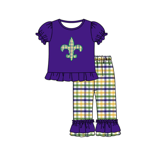 ( Moq 5 ) Preorder Girl Kids Short Sleeves Purple Shirt Plaid Ruffle Pants Mardi Gras Set