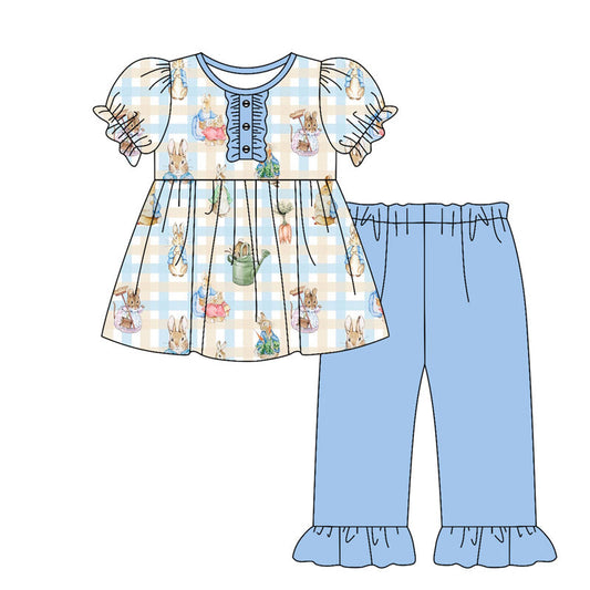 ( Moq 5 ) Preorder Girls Kids Short Sleeves Rabbits Plaid Tunic Blue Pants Easter Set