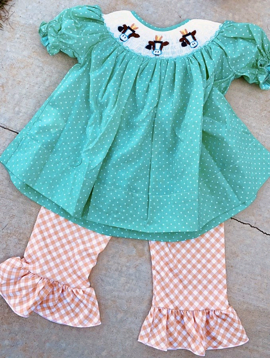 ( Moq 5 ) Preorder Girls Kids Cows Rabbits Green Tunic Plaid Pants Easter Clothes Set