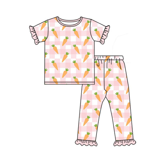 ( Moq 5 ) Preorder Girls Kids Short Sleeves Carrots Shirt Pink Plaid Pants Easter Set