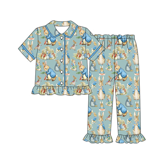 ( Moq 5 ) Preorder Girls Kids Short Sleeves Rabbits Buttons Shir Pants Easter Pajamas Clothes Set