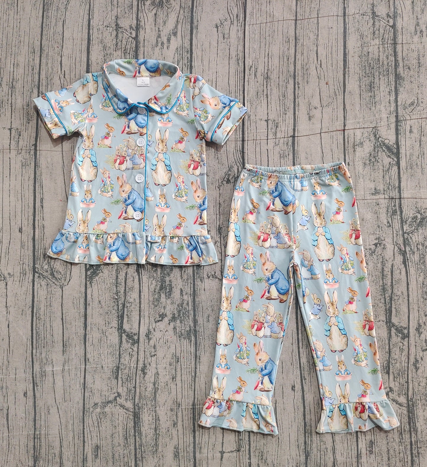 Baby Girls Kids Short Sleeves Rabbits Buttons Shirt Pants Easter Pajamas Clothes Set RTS