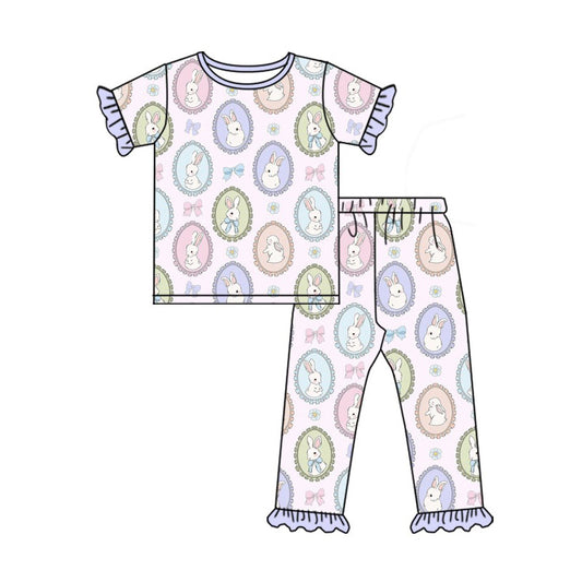 ( Moq 5 ) Preorder Girls Kids Rabbits Flower Bows Shirt Pants Easter Pajamas Clothes Set
