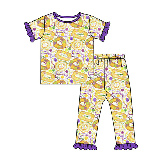 ( Moq 5 ) Preorder Girls Kids Short Sleeves Donuts Shirt Pants Mardi Gras Pajamas Clothes Set