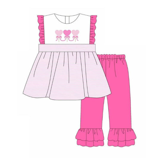 ( Moq 5 ) Preorder Girls Kids Hearts Bows Stripes Tunic Pink Pants Valentine's Day Set