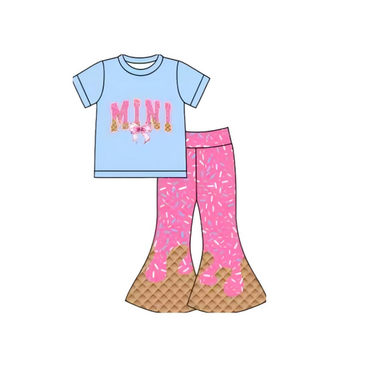 ( Moq 5 ) Preorder Girls Kids Short Sleeves Mini Bow Blue Shirt Sprinkles Bell Pants Clothes Set