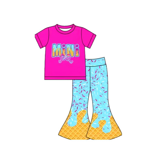 ( Moq 5 ) Preorder Girls Kids Short Sleeves Mini Bow Pink Shirt Sprinkles Bell Pants Clothes Set