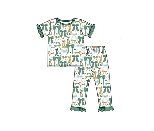 ( Moq 5 ) Preorder Girls Kids Short Sleeves Bows Shirt Pants St. Patrick's Day Green Pajamas Set