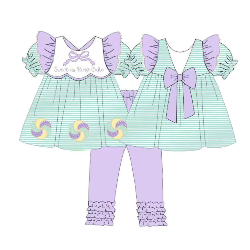( Moq 5 ) Preorder Girls Kids Short Sleeves Sweet Cake Stripes Bows Tops Purple Pants Mardi Gras Set
