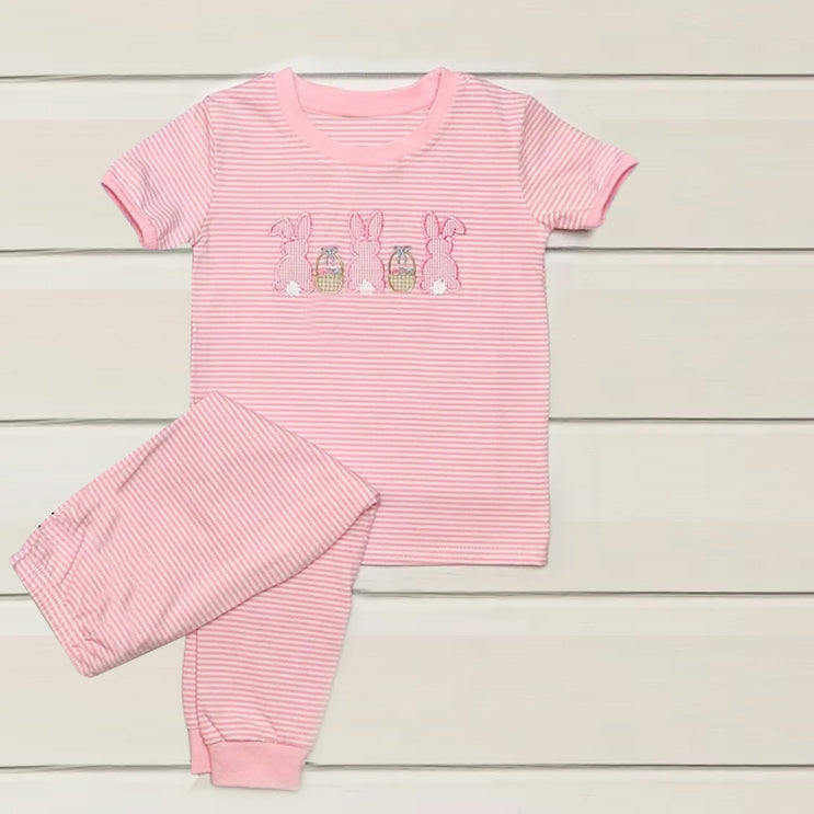 ( Moq 5 ) Preorder Baby Girls Kids Rabbits Eggs Shirt Pink Stripes Pants Easter Pajamas Clothes Set