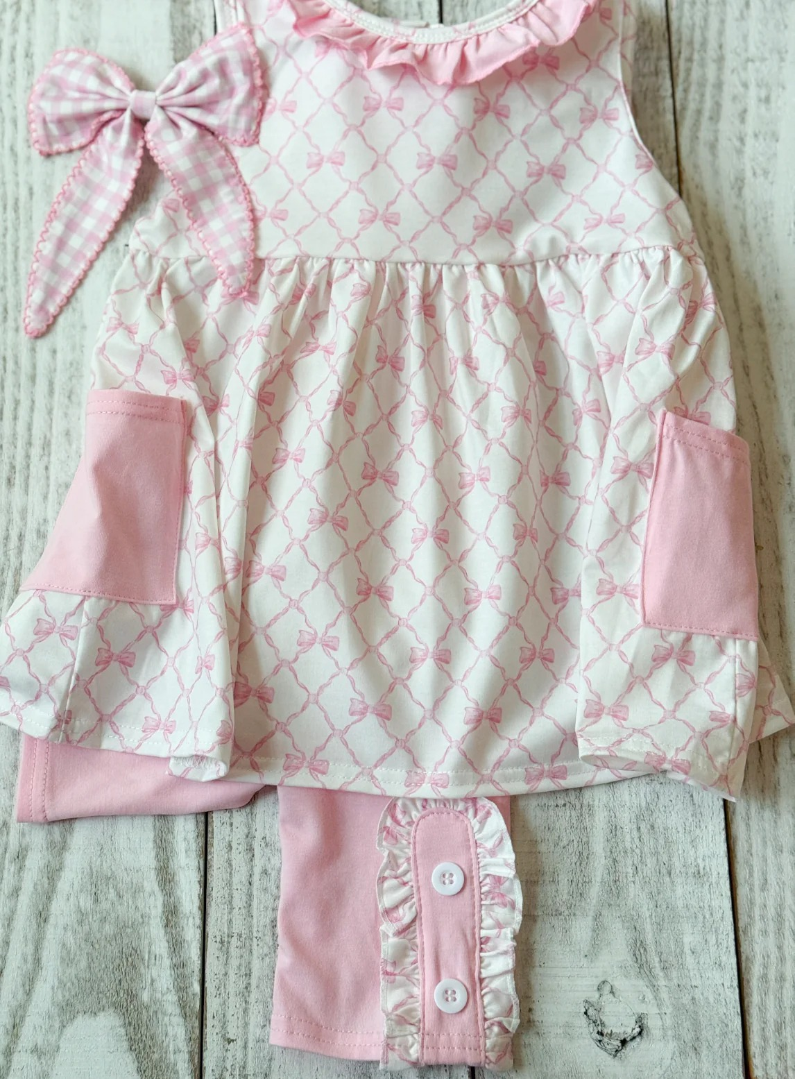 ( Moq 5 ) Preorder Baby Girls Pink Bows Pockets Ruffle Tunic Pants Clothes Set