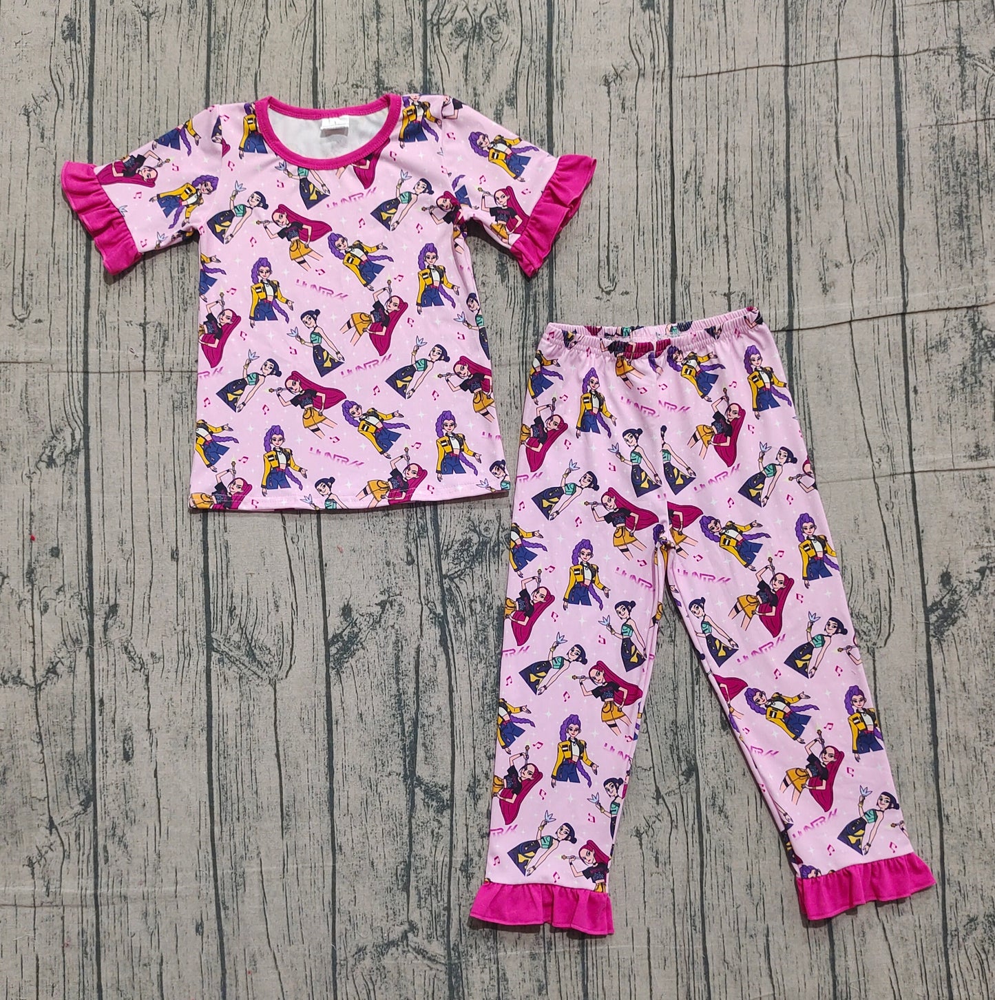 ( No moq ) Prorder Baby Girls Short Sleeves Music Character Shirt Pants Pink Pajamas Set