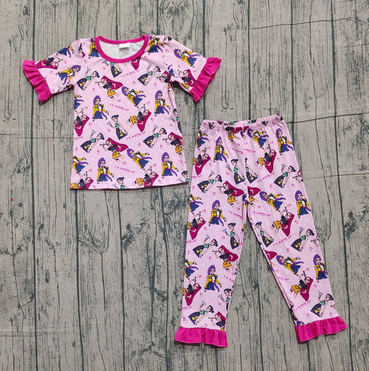 ( No moq ) Prorder Baby Girls Short Sleeves Music Character Shirt Pants Pink Pajamas Set