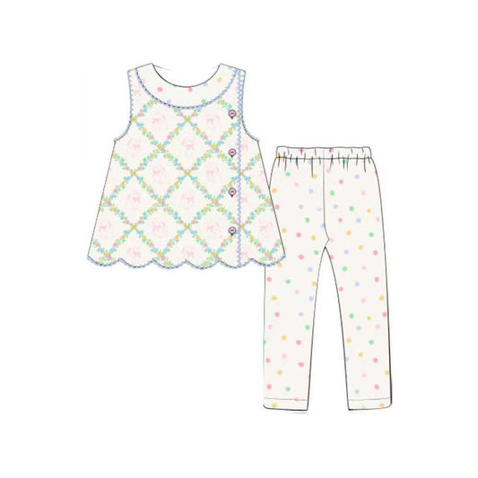 ( Moq 5 ) Preorder Baby Girls Rabbits Bows Floral Buttons Tops Dots Pants Easter Clothes Set