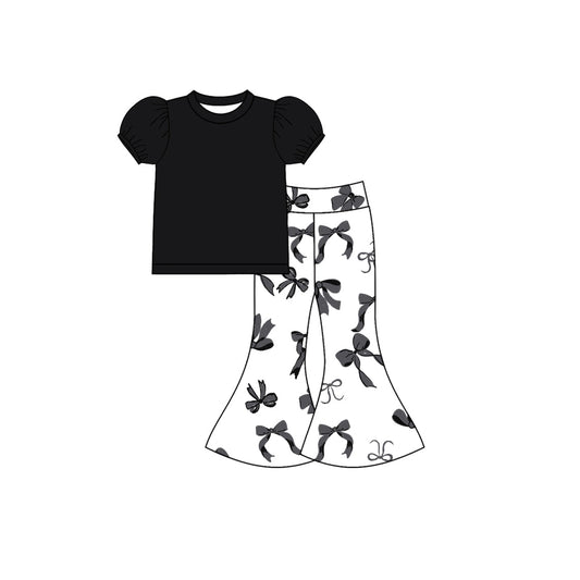 ( Moq 5 ) Preorder Baby Girls Short Sleeves Black Shirts Bows Bell Pants Clothes Set