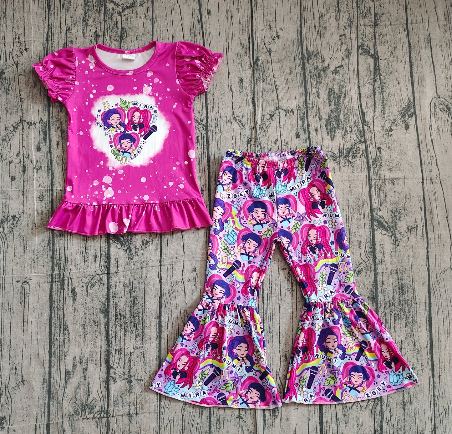 Baby Girls Short Sleeves Pink Shirt Singer Character Hearts Flower Pants Clothes Set RTS