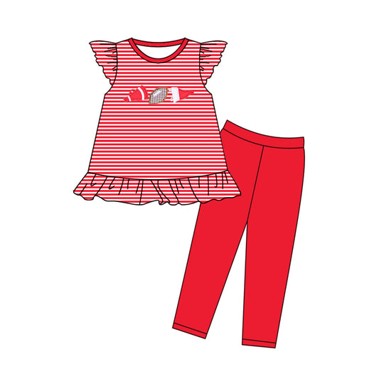 ( Moq 5 ) Preorder Baby Girls Short Sleeves Stripes Football Tunic Red Legging Pants Clothes Set