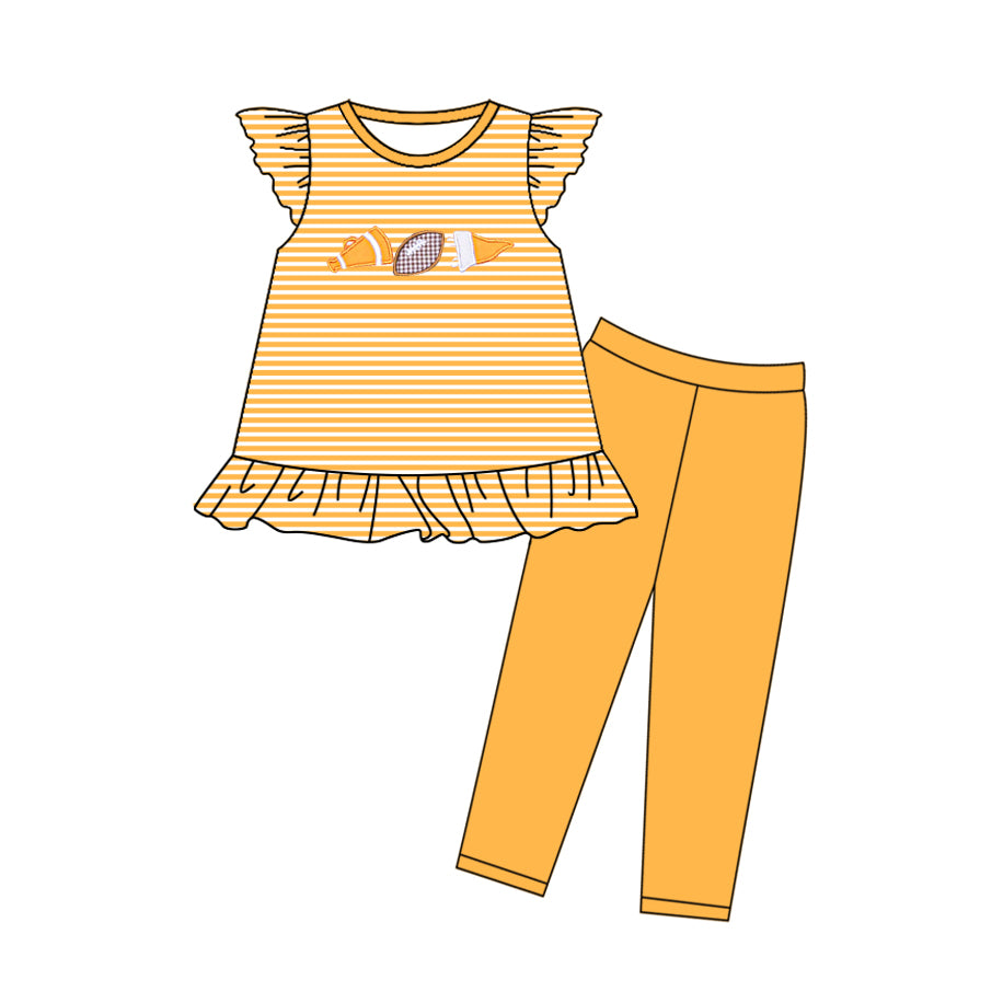 ( Moq 5 ) Preorder Baby Girls Short Sleeves Stripes Football Tunic Yellow Legging Pants Clothes Set