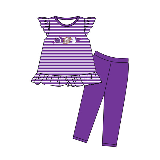 ( Moq 5 ) Preorder Baby Girls Short Sleeves Stripes Football Tunic Purple Legging Pants Clothes Set
