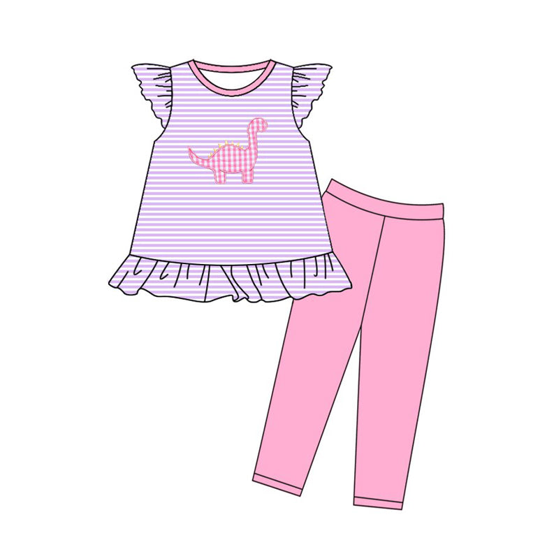 ( Moq 5 ) Preorder Baby Girls Short Sleeves Dinosaurs Stripes Tunic Pink Leggings Clothes Set