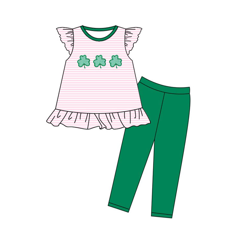 ( Moq 5 ) Preorder Baby Girls Clovers Stripes Tunic Green Leggings St Patrick Clothes Set