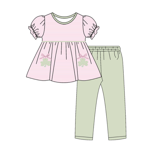 ( Moq 5 ) Preorder Baby Girls Dogs Clovers Pink Stripes Tunic Pants St Patrick Clothes Set