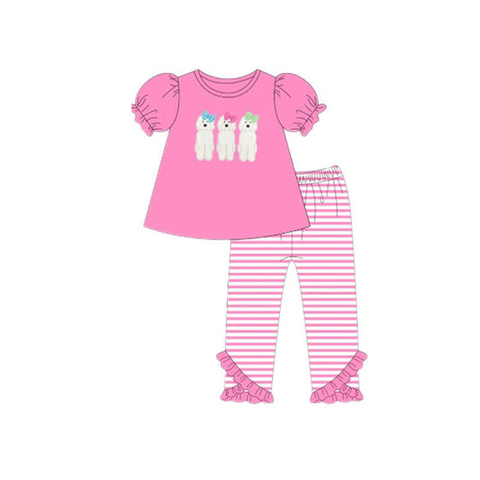 ( Moq 5 ) Preorder Baby Girls Short Sleeves Dogs Bows Shirt Stripes Pants Pink Clothes Set