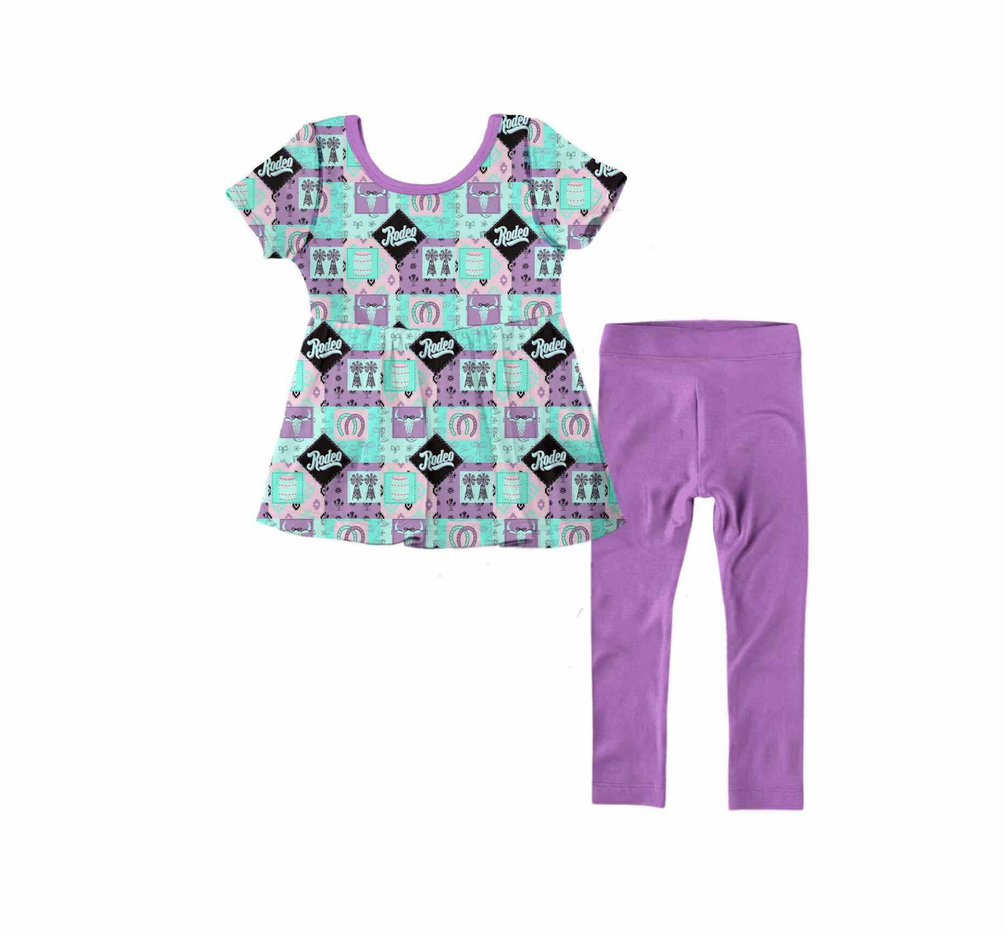 ( Moq 5 ) Preorder Baby Girls Short Sleeves Western Cow Print Tunic Purple Leggings Set