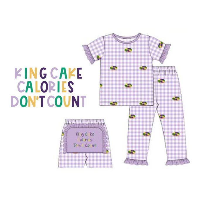 ( Moq 5 ) Preorder Baby Girls Short Sleeves Donuts Shirt Purple Plaid Pants Pajamas Mardi Gras Set