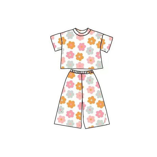 ( Moq 5 ) Preorder Baby Girls Short Sleeves Flower Tops Pants Clothes Set