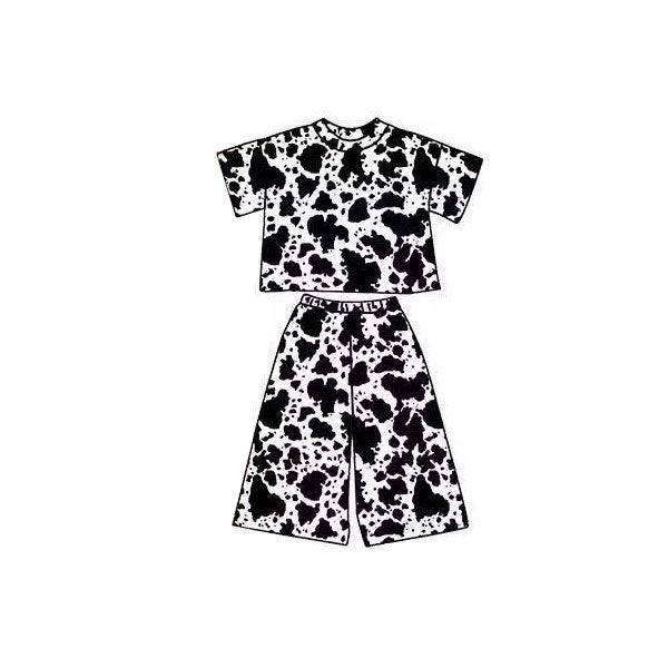 ( Moq 5 ) Preorder Baby Girls Short Sleeves Western Cow Print Tops Pants Clothes Set