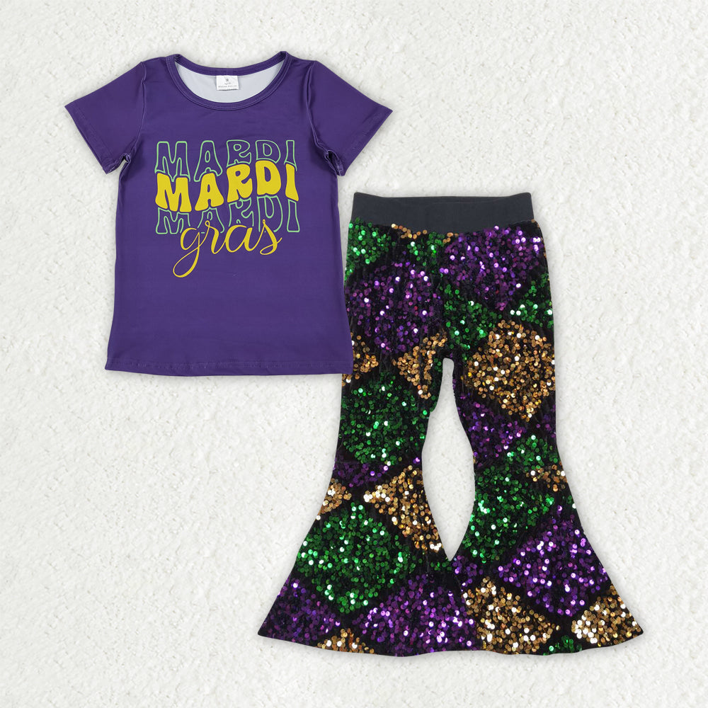 Sibling Baby Girls Short Sleeves Shirts Plaid Sequins Bell Pants Sets Mardi Gras Clothes RTS