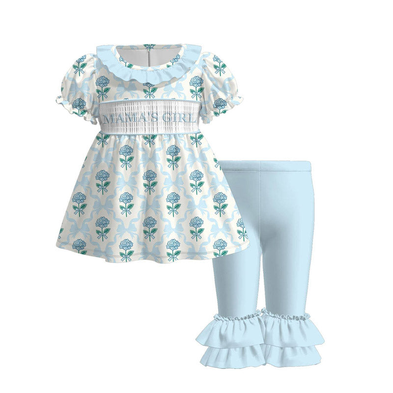 ( Moq 5 ) Preorder Baby Girls Kids Short Sleeves Mama's Girl Flower Bows Tops Blue Ruffle Pants Set