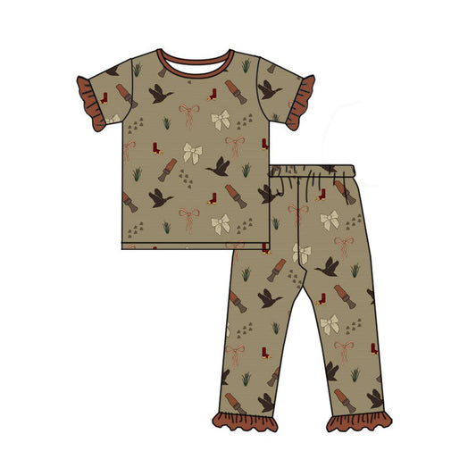 ( Moq 5 ) Preorder Baby Girls Short Sleeves Bows Ducks Shirt Pants Pajamas Hunting Set