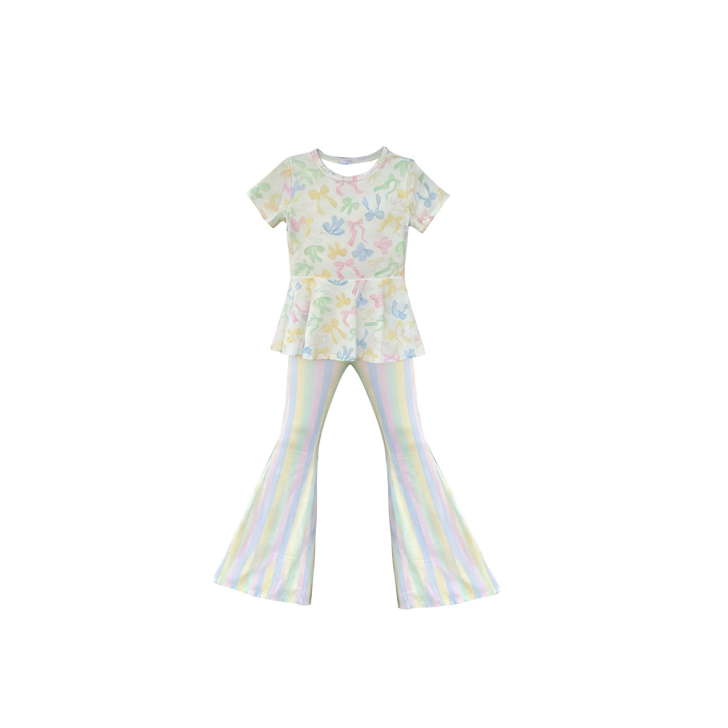 ( Moq 5 ) Preorder Baby Girls Short Sleeves Bows Tops Stripes Bell Pants Clothes Set