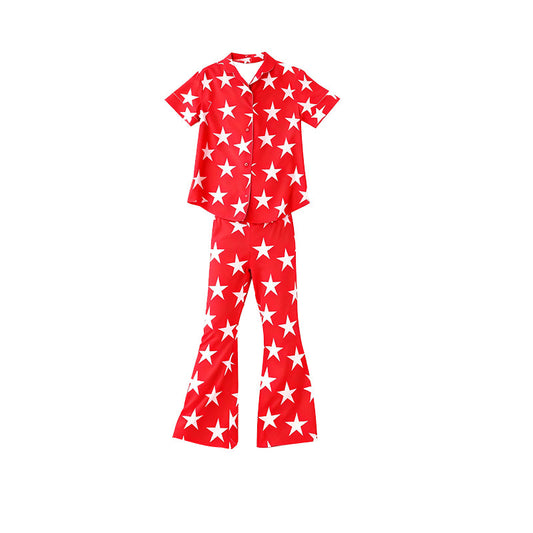 ( Moq 5 ) Preorder Baby Kids Toddler Short Sleeves Stars Button Shirt Pants 4th of July Red Set