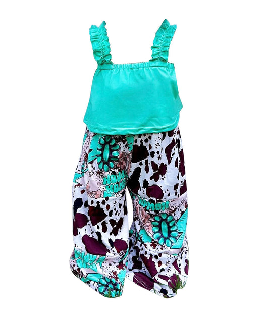 ( Moq 5 ) Preorder Baby Girls Sleeveless Blue Tops Western Cow Print Pants Clothes Set