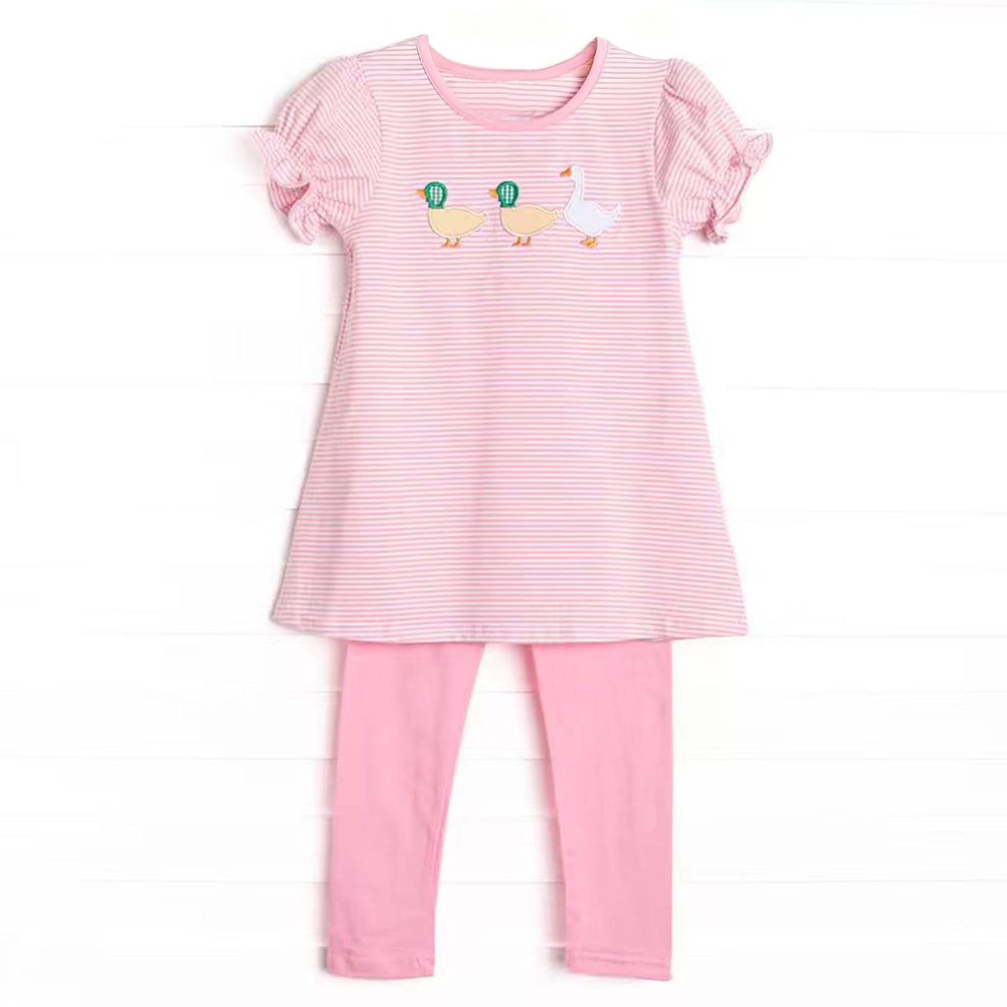 ( Moq 5 ) Preorder Baby Girls Short Sleeves Ducks Stripes Tunic Pink Leggings Clothes Set