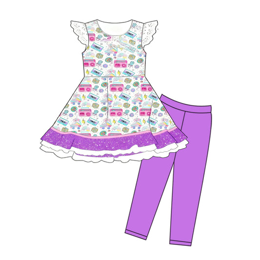 ( Moq 5 ) Preorder Baby Girls Short Sleeves Music Ruffle Tunic Purple Leggings Clothes Set