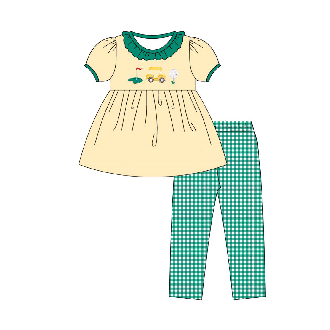 ( Moq 5 ) Preorder Baby Girls Toddler Short Sleeves Golf Tunic Green Plaid Pants Clothes Set