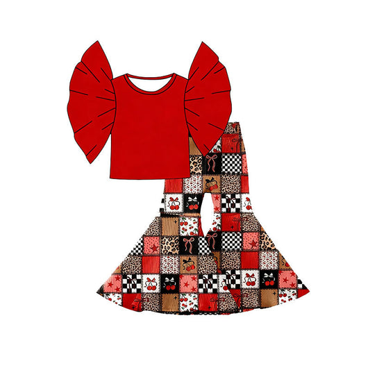 ( Moq 5 ) Preorder Baby Girls Kids Short Sleeves Red Tops Cherry Bell Bottom Pants Clothes Set